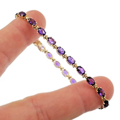 经典 14k 纯金 10 克拉天然紫水晶网球手链 7.25 英寸 — 第 1/4 张图片