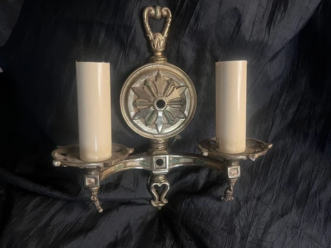 Antique Art Deco Brass Finish Electric Wall Double Candle Light Fixture Sconce Cover