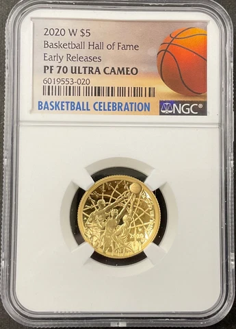 2020 W $5 Gold Basketball Hall of Fame Proof coin. NGC PF70 ULTRA CAMEO ER Cover