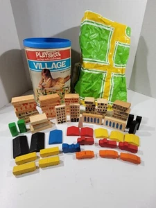 Vintage Playskool Village 310 Playset Can w/ Mat & 73 Wooden Pieces Building Car - Picture 1 of 22