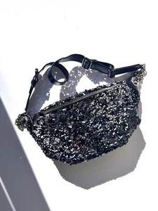 CHANEL Sequin Glazed Calfskin Black Silver 2018 Waist Fanny Bum Bag - Picture 1 of 14