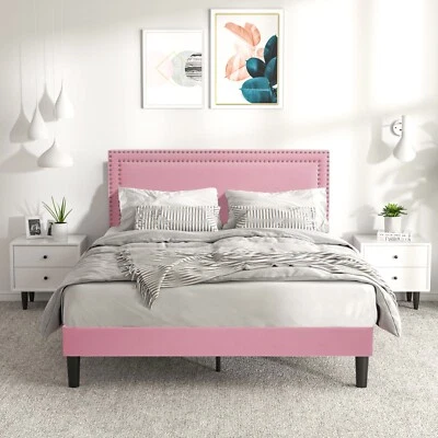 Plataforma tapizada con marco de cama doble/completa/queen size con cabecero listones de madera Foto 1 de 4