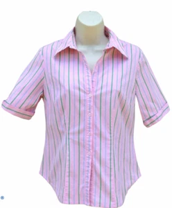 New York & Company Stretch Shirt Woman’s Small Pink Striped S/S Button Front EX - Picture 1 of 3