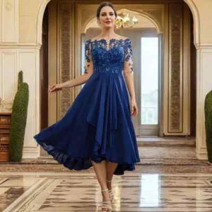 Length Mother The Of Bride Tea Chiffon Elegant Dresses Appliques Groom Mom Lace - Picture 1 of 6