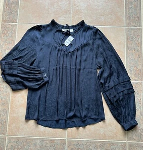 ¡Nuevo! Blusa LOFT con volantes azul marino a lunares talla pequeña abotonada - Imagen 1 de 6