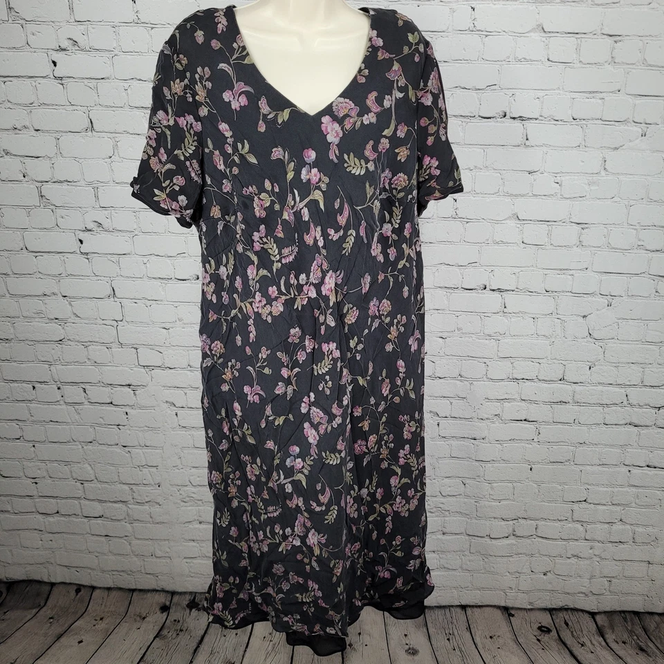 Vestido midi de colección Talbots negro 100 % pura seda floral manga corta forrado talla 18W Foto 1 de 4