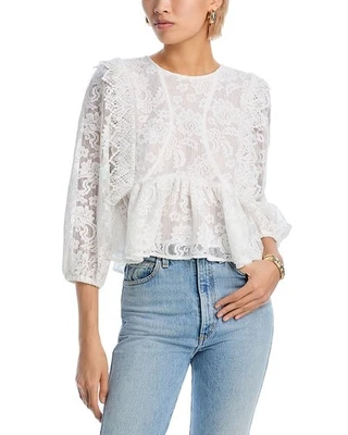 Aqua Lace Long Sleeve Cropped Ruffle Blouse - White - M - Image 1 of 2