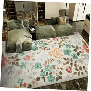 Floral Beige 8x10 Washable Rug for Living Room, Non Slip Soft Bedroom Rug, - Picture 1 of 8
