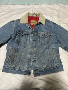 Levis Signature Strauss Red Lined Sherpa Collar Denim Trucker Jean Jacket Med - Picture 1 of 19