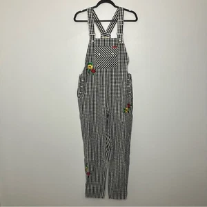 NWT TEDDY FRESH Gingham Embroidered Overalls Dungarees Black White Floral XS - Picture 1 of 5