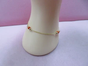 7.25 " 14k Y Gold Curb Chain Coral Beads Station Bracelet 1.16 G (#392) - Picture 1 of 12