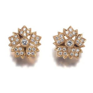 Auth CARL BLACKBURN Earrings Diamond 0.10ct/0.10ct Flower Milgrain 18K PG/YG - Picture 1 of 5