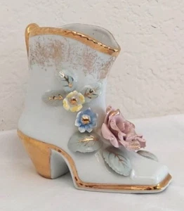 Vintage Porcelain Hand Painted In Japan Flowered Victorian Boot Figurine - Picture 1 of 11