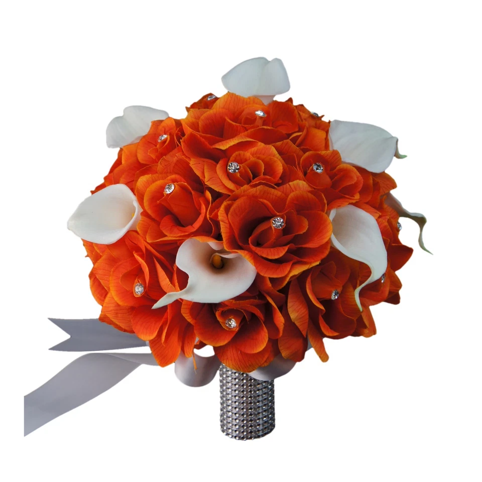 10" Bouquet - Orange Open Roses with Real Touch Calla Lily: Silver Ribbon - Image 1 of 1
