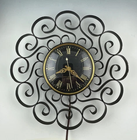 50s Vintage Wall Clock with Wrought Iron Decorative Surround, GE Telechron Cover
