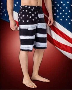 MEN'S American FLAG SWIM TRUNK BOARD SHORTS Black & White OLD GLORY USA - Picture 1 of 3