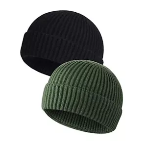 Fisherman Beanie for Men Women, Knit Cuff Beanie Cap One Size Black+green - Picture 1 of 6