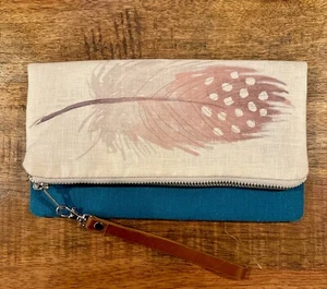 Banana Cottage Nude/Teal Clutch Zipper Closure. Lined. Peacock. Boho Style - Picture 1 of 7
