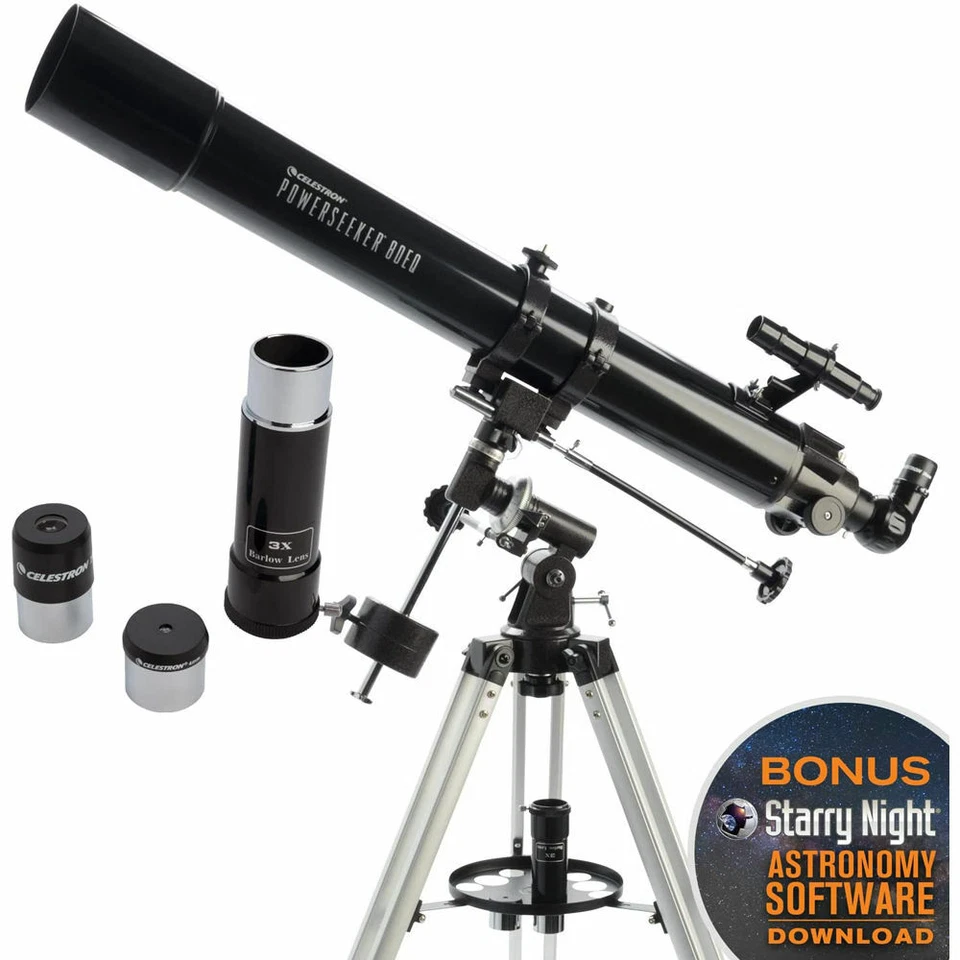 NEW Celestron PowerSeeker 80mm f/11 EQ Refractor Eyepiece Barlow Tripod Software - Image 1 of 4