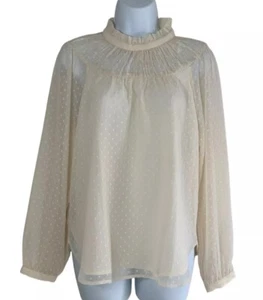 Loft Ruffle Lace Standing Collar Clip Smocked Yoke Blouse Cream Size Small NWT - Picture 1 of 13