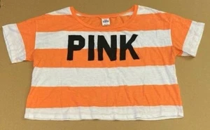 Pink Victorias Secret Shirt Women Large Orange White Stripe Crew Neck Crop - Picture 1 of 3