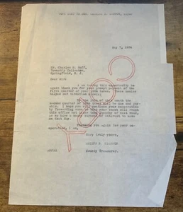 Vintage 1934 Copy of Letter 1934 Taxes County Treasurer Springfield NJ - Picture 1 of 2