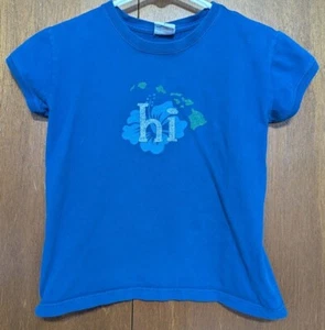 CRAZY SHIRTS HAWAII GIRLS LG T-SHIRT SS ROYAL BLUE "HI" HIBISCUS ISLANDS EUC - Picture 1 of 5