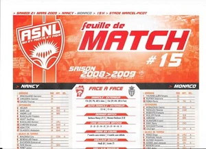 Feuille de match N°15 ASNL - Monaco (2008 - 2009) - Ligue 1 - Picture 1 of 1