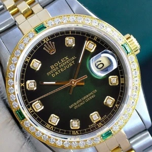 Rolex Men'S Datejust Watch 18KY Gold Steel Green Diamond Dial Diamond Bezel 36mm - Picture 1 of 14