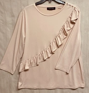 Ivanka Trump Blouse Tops Size-L Ruffle Stretch Liquid Knit 3/4 Sleeve Beige - Picture 1 of 11