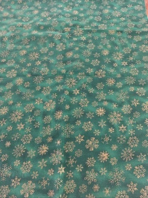 Cotton 1 Yd Holiday Winter Fabric Green With Gold Snowflakes 43”w X 36”l - Image 1 of 3