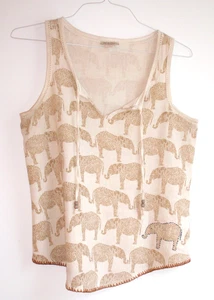 Top Elephant Lucky Brand Beige Marrón Bordado S Sin Mangas Cuello en V Top Algodón - Imagen 1 de 11