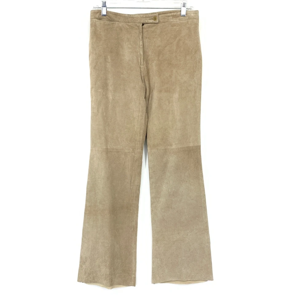 Vintage Flare Leg Suede Leather Pants Womens Size 28 Beige Tan Hems Cut - Image 1 of 4
