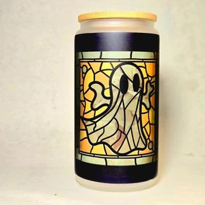 Coffee Quips Crafted Halloween Spooky Ghost Stain Glass looking Glass Tumbler - Picture 1 of 7
