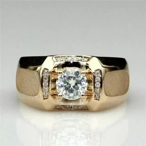 2 Ct Round-Cut Real Moissanite Men's Band Ring 14K Yellow Gold Plated Silver - Picture 1 of 6