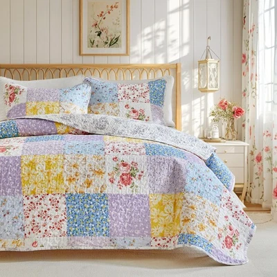 Floral Cotton Quilt Set, Colorful Flowers Grid Patchwork Design, 3 Pieces Que... - Image 1 of 4