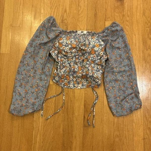 Madden Nyc Women Floral Polyester Sweetheart Neck Long Sleeve Top Blouse Size L - Picture 1 of 7