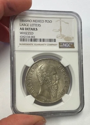 México (Maximilian) - 1866 Mo Peso Plata Grande (NGC AU Detalles) Letras Grandes Foto 1 de 4