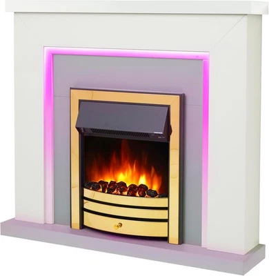 Electric Fireplace 42" LED Fire Suite Remote White Grey Brass Insert - Image 1 of 4