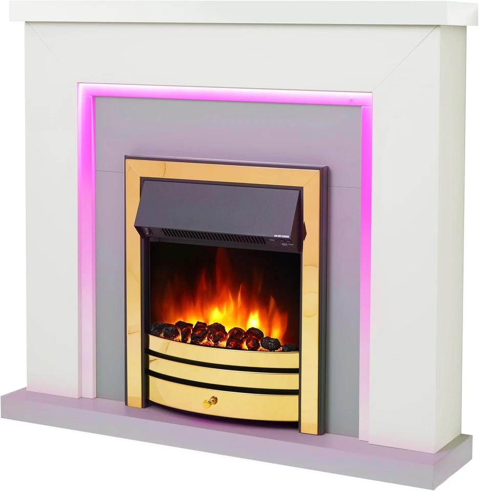 Electric Fireplace 42" LED Fire Suite Remote White Grey Brass Insert - Image 1 of 4