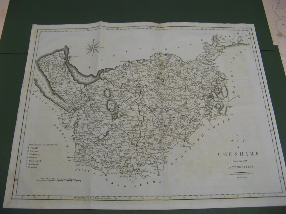 MAPA GRANDE DE CHESHIRE 100 % ORIGINAL ANTIGUO DE JOHN CARY CHESTER CREWE WIRRAL Foto 1 de 1
