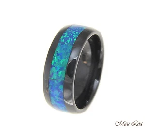 Black Ceramic 8mm Wedding Band Ring Blue Opal Inlay Comfort Fit Size 6-14 - Picture 1 of 3