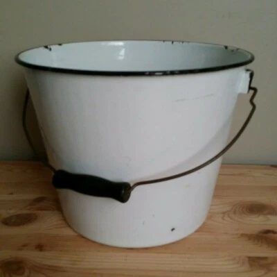 Vintage White Black Trim Enamel Bucket Wooden Bail Handle 1950's - Image 1 of 4