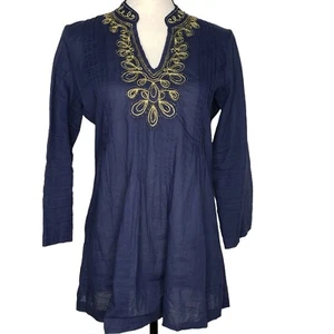 Lilly Pulitzer Sarasota Beaded Top XS Embroidered Pintuck 3/4 Sleeve V Neck Blue - Picture 1 of 7