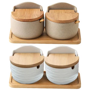 2pc Ceramic Salt Pepper Container With Wooden Lid Salt Box For Countertop - Picture 1 of 14