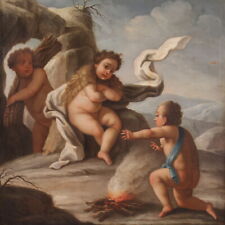 Antique artwork painting oil on canvas cherubs winter allegory 18th century