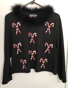 Maglione Natalizio Jack B Quick Nero Rosso Paillettes Canne di Caramelle Ecopelliccia Taglia L - Foto 1 di 11