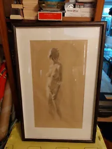 Vintage 1990s Large Wood Framed Chalk Pastel Nude Portrait Signed Michael Pierce - Picture 1 of 12