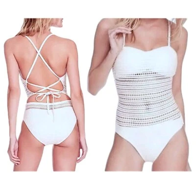 $146 Robin Piccone Crochet Una Pieza Traje de Baño 12 Grandes Crema Suave Tazas Bandeau Foto 1 de 4