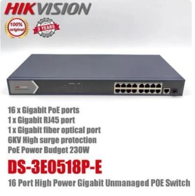Hikvision DS-3E0518P-E 16 Port +1000mbps Auto Gigabit Unmanaged POE Switch UK - Image 1 of 4